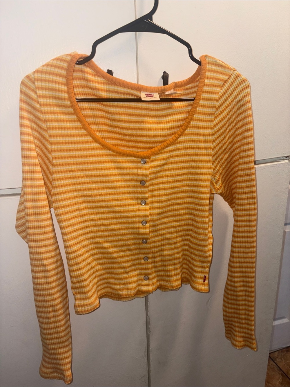 Levi's Yellow Striped Ribbed Button-Front Long Sleeve Top